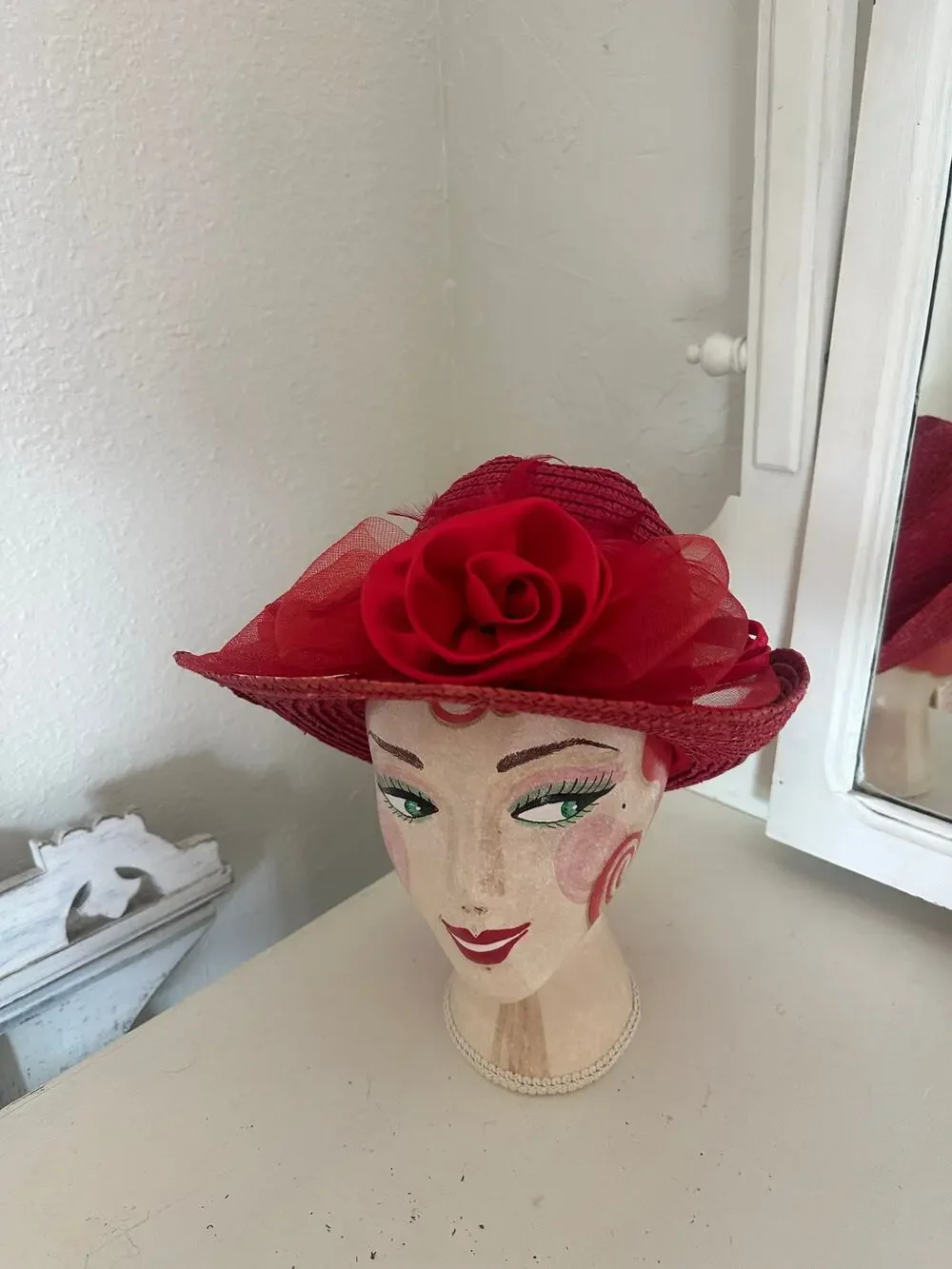 Vintage Women’s Red 100% Straw Wide Brim Hat with Rose and Tulle Accent